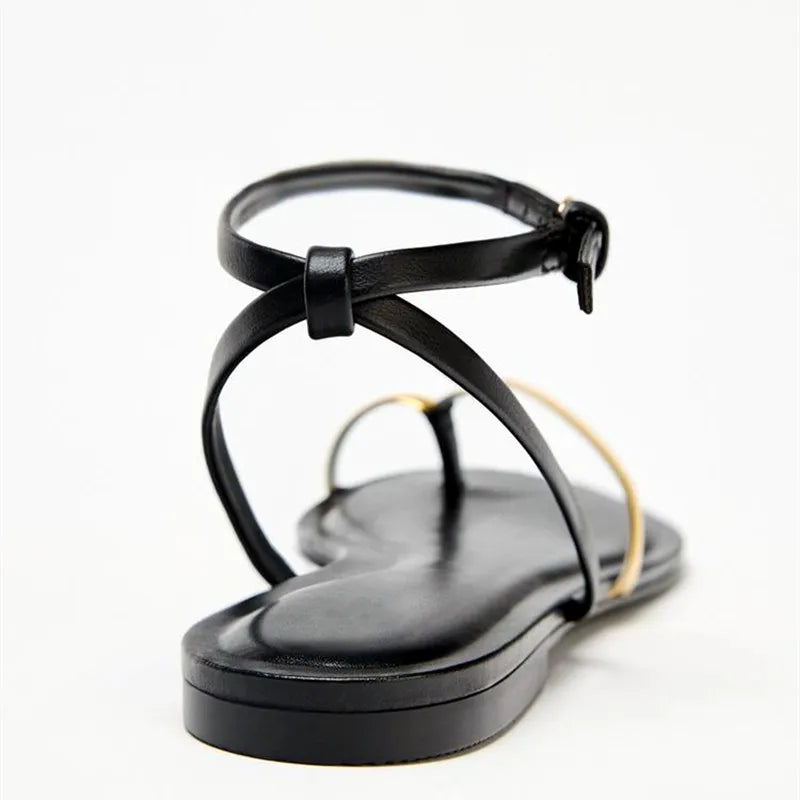 Sexy Black Buckle Flat Sandals – Women’s Fashion Metal Decoration Designer Clip Toe Beach Flip Flops