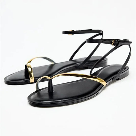 Sexy Black Buckle Flat Sandals – Women’s Fashion Metal Decoration Designer Clip Toe Beach Flip Flops