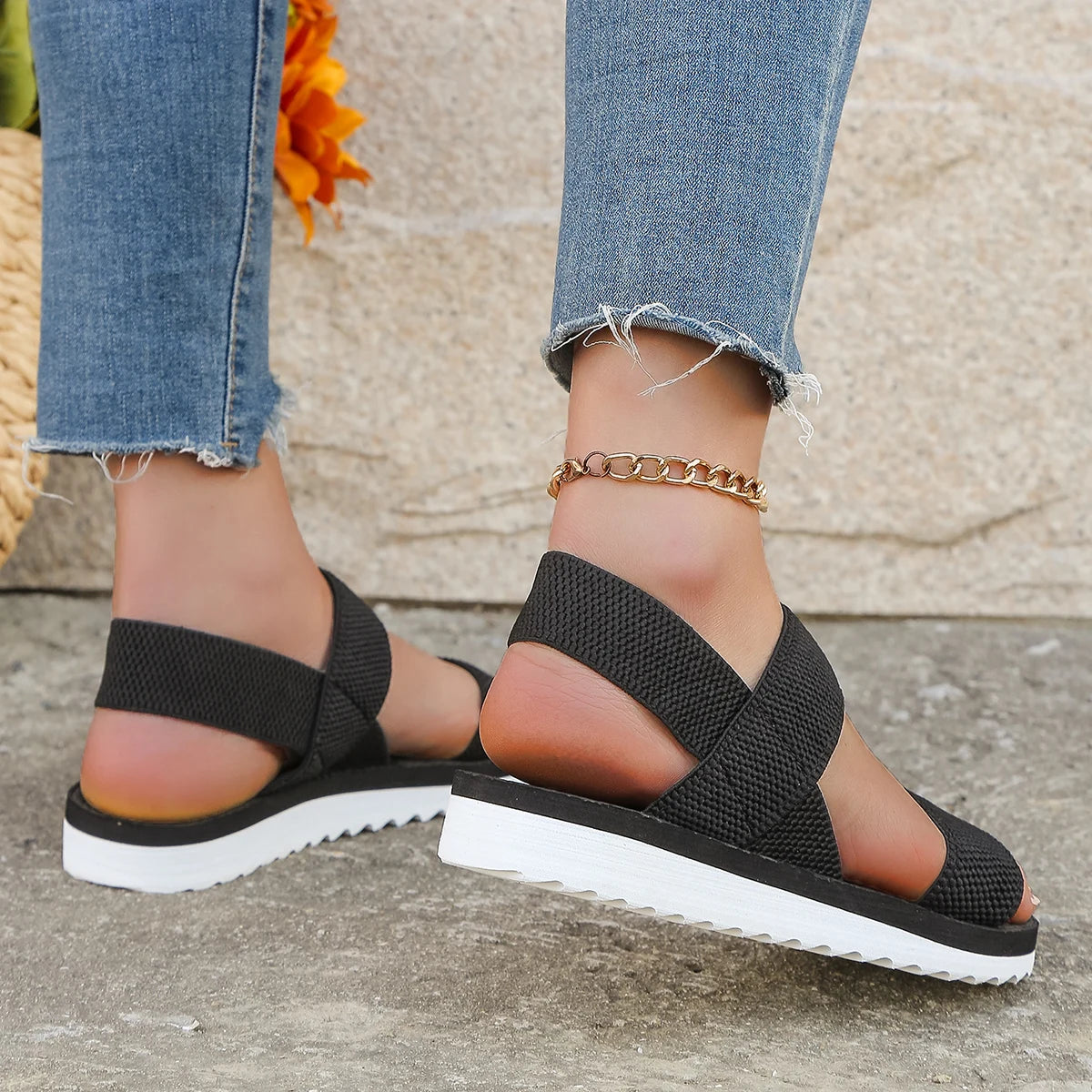 Women’s Black Flat Anti-Slip Lace-Up Sandals