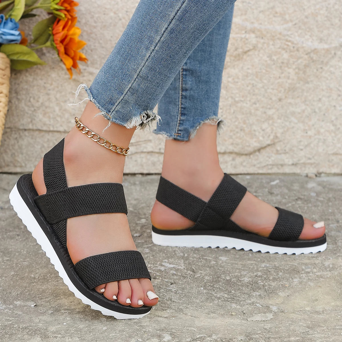 Women’s Black Flat Anti-Slip Lace-Up Sandals